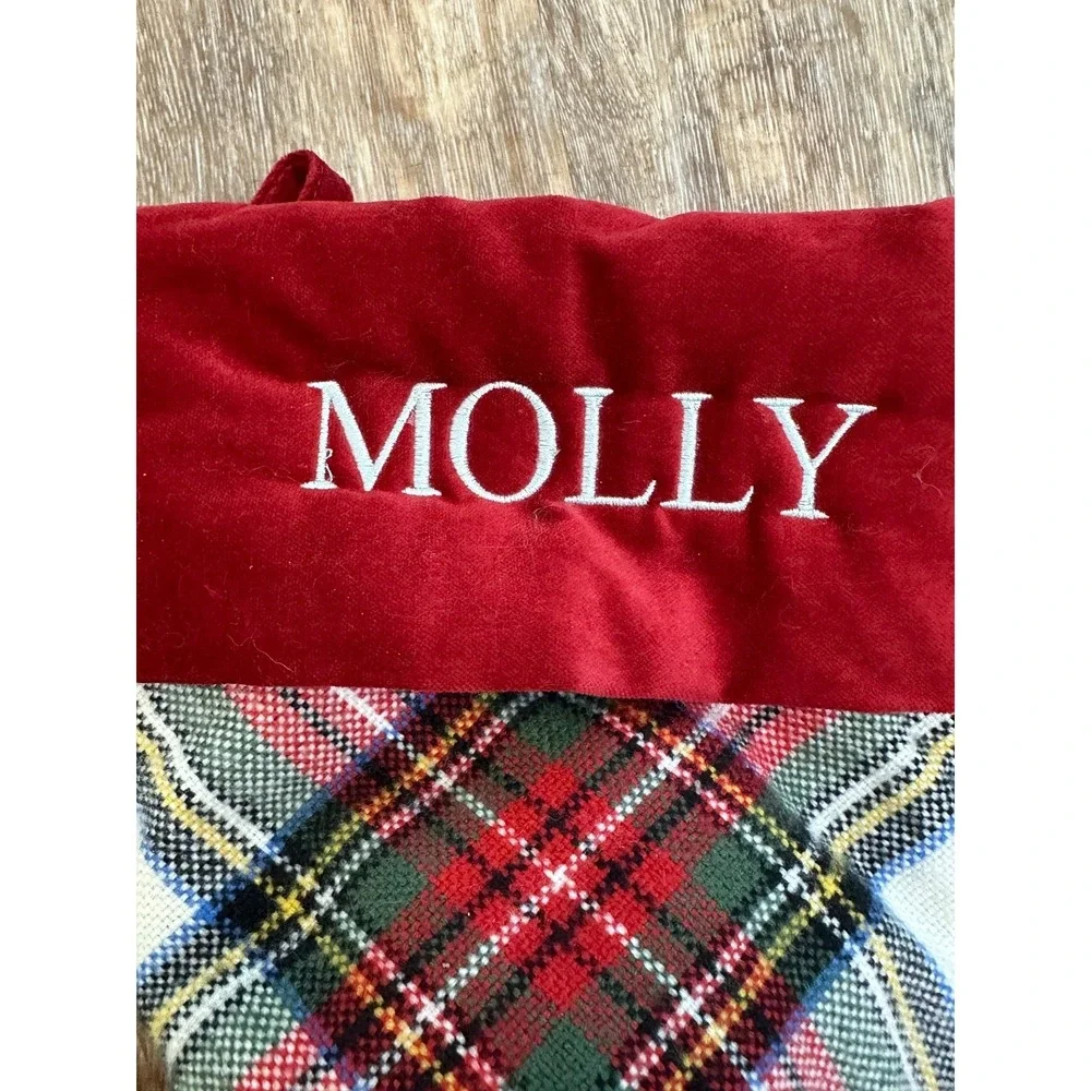 Pottery Barn Plaid Molly Christmas Stocking Red White Green Velvet Cuff Nice